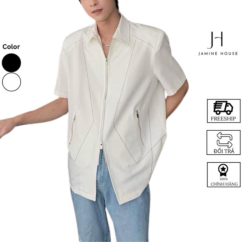  Áo Sơ Mi JAMINE HOUSE Nam Nữ Tay Ngắn Vải Lụa Mango Viền Tam Giác Túi Unisex Menswear Shirt Trắng Có Cổ Nhung Jean Có Túi 
