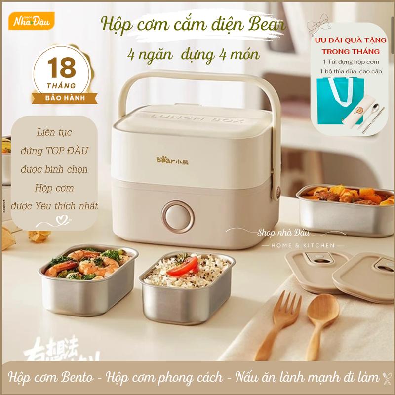 Hộp cơm cắm điện 4 ngăn HOT TREND đứng TOP đầu được yêu thích nhất – hộp đựng cơm Bento văn phòng 4 món BEAR