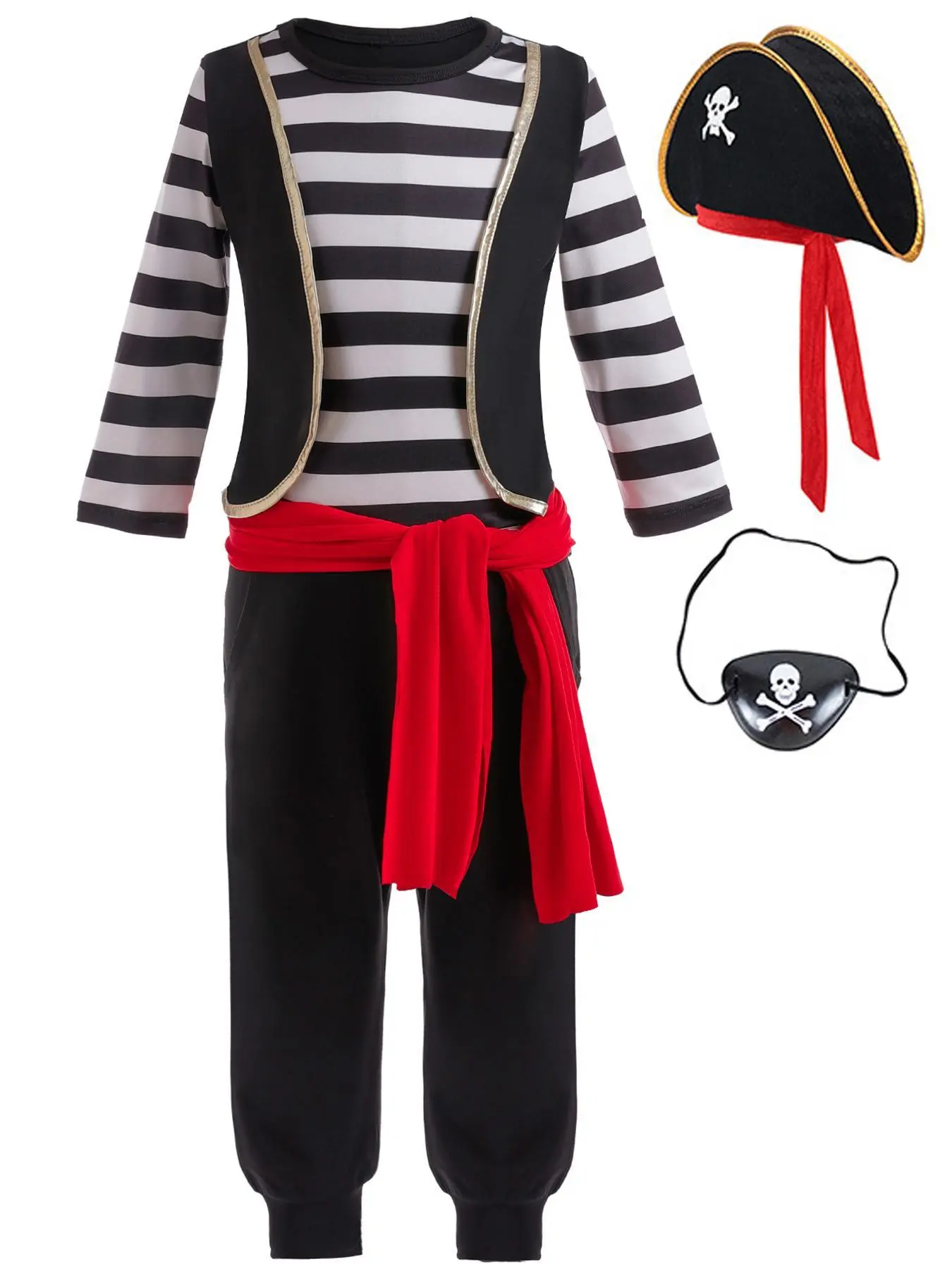 Boys' 2 in 1 Striped Print Tee & Pants with Belt & Hat & Blinder Pirate Costume Set, Long Sleeve Round Neck Top & Trousers Set, Kids Costume