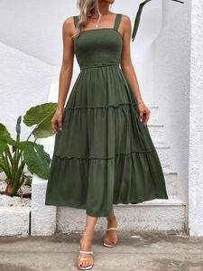 女性のフリルトリムフリルヘムシャーリングバックレスサンドレスCamiドレス、ノースリーブAラインロングドレス、ビーチホリデーの女性服