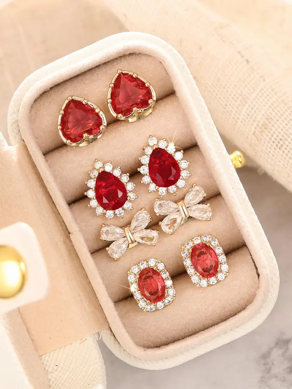 Women's Elegant Rhinestone & Garnet Decorated Earrings Set, Exquisite Trendy Earrings, Fashionable Jewelry for Women for Party & Daily Clothing Decor 0