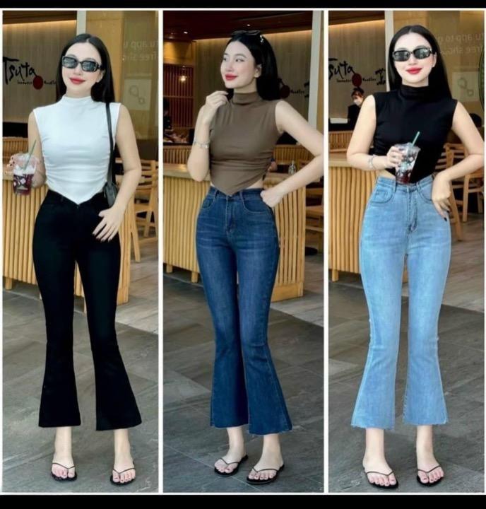 Quần Jeans Ống Loe Nữ 9 tấc Lai cắt co giãn cạp cao Pants Quần Women calem quần jean calem club lo ống