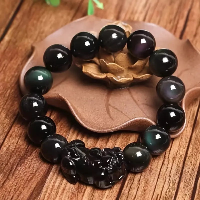1pc Natural Obsidian Bracelet Rainbow Eyes With Pixiu Men's Black Bracelet