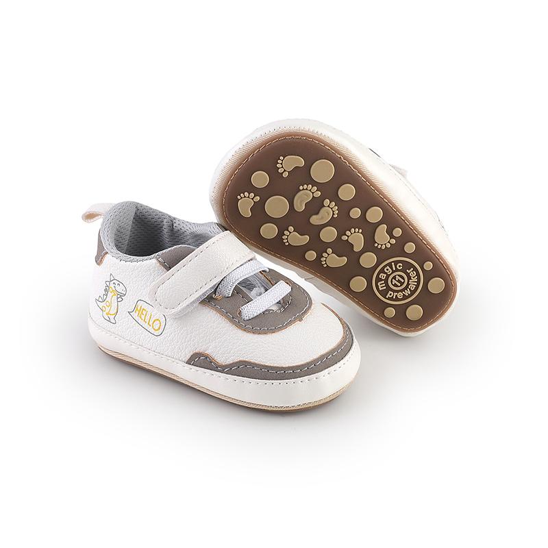 Product Introduction of Baby Sneakers Contrast Color Dinosaur Pattern Non-Slip First Walking Soft Sole PU Shoes for Boys Girls 30