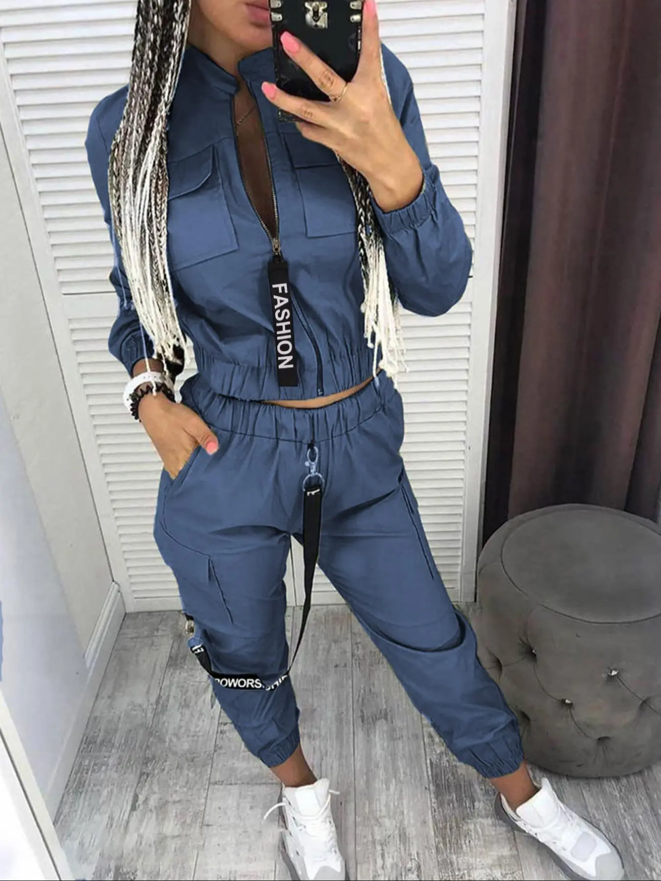 Women's Solid Zip Up Jacket & Pocket Pants Two-piece Set, Casual Long Sleeve Stand Collar Outerwear & Trousers for Spring & Fall, Women's Clothes for Daily Wear