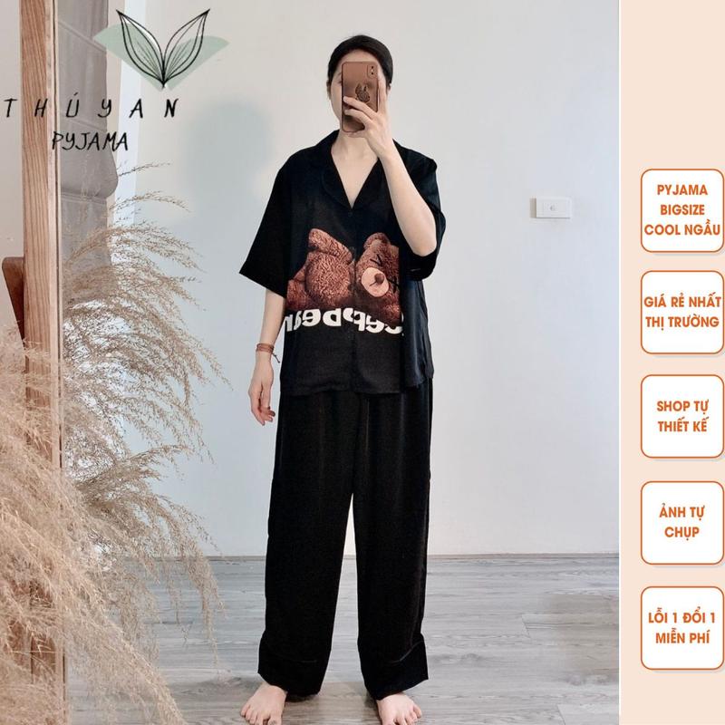 Bộ Pijama mặc nhà nam nữ bigsize gấu nâu cộc dài chất lụa Mango ko nhăn có size từ 40kg - 90kg.