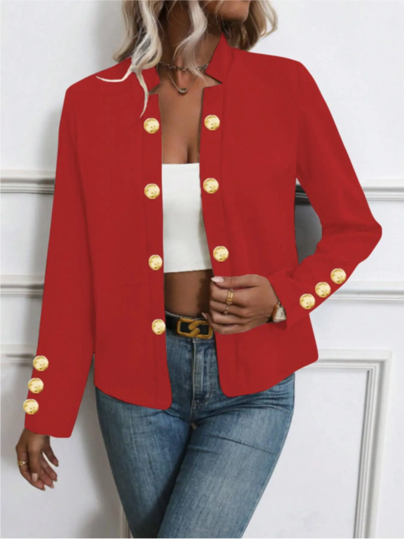 【Plus Size】 Solid Color Double Button Open Front Blazer, Elegant Long Sleeve Outerwear for Work Office Business, Women's Clothing for Spring & Fall, Womenswear