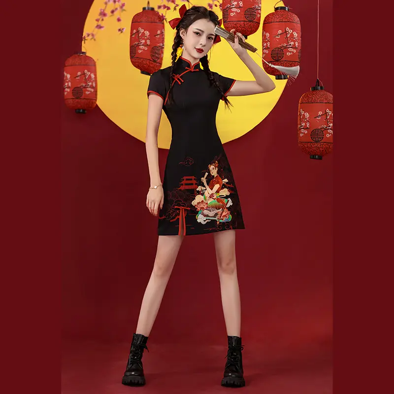 Sườn Xám Thời Trang Trung Quốc, Phong Cách Trung Quốc,  Mới, Phong Cách Trung Quốc, Thiết Kế Nhỏ, Lớn, Ngắn, Hoàn Hảo Cho Cô Gái Trẻ, Màu Đen, Phong Cách Trung Quốc Dress Women 3