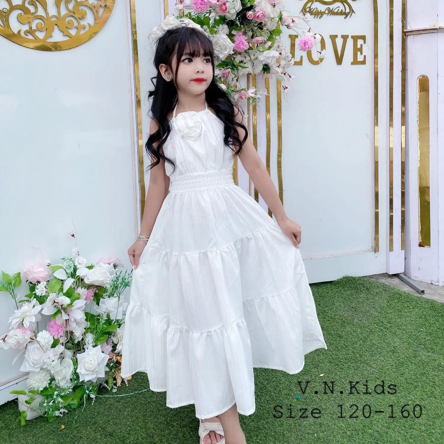 Váy Maxi Dáng Yếm Đính Hoa Hở Lưng Cho Bé Gái Đi Chơi Đi Tiệc Chất Đũi Từ 20-45KG Size S-20/23kg đến 4XL-41/44kg