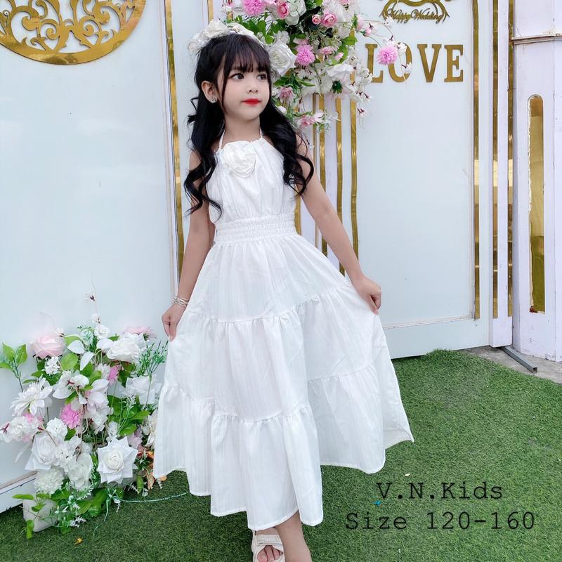 Váy Maxi Dáng Yếm Đính Hoa Hở Lưng Cho Bé Gái Đi Chơi Đi Tiệc Chất Đũi Từ 20-45KG Size S-20 23kg đến 4XL-41 44kg