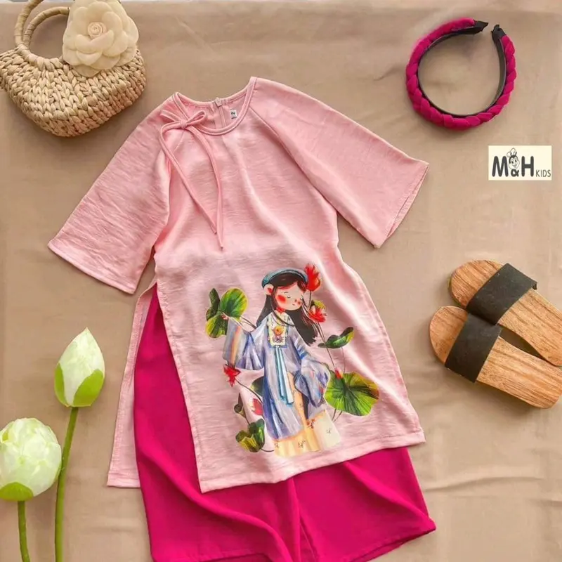 Bộ Áo dài truyền thống cho bé gái cao cấp đũi nhăn và gấm - Thương hiệu uy tín, tặng kèm bờm tóc tone suit tone - Sandal 0