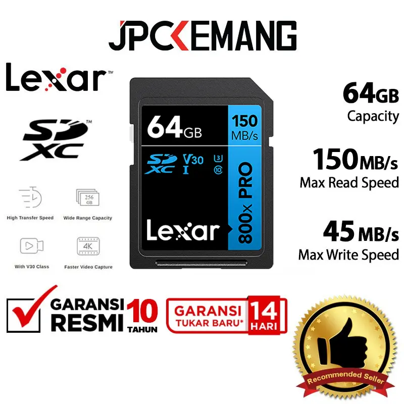 Lexar 64GB Pro SDXC 800X UHS-I SDHC Memory Card 64 GB 150MB/s Garansi Resmi