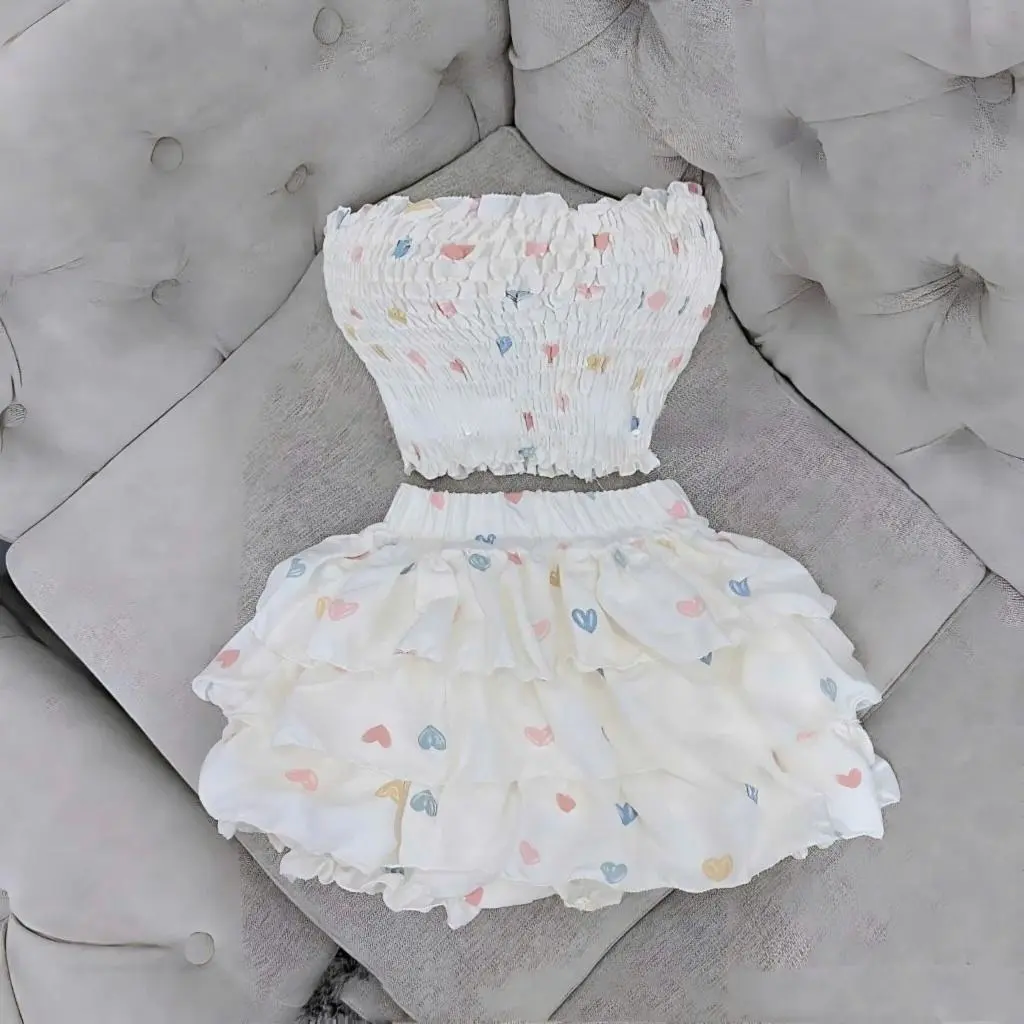 SET123 Set Áo Ống Nhún Chỉ Họa Tiết Chân Váy Tầng Nữ Women Top Ong Nhung Voi