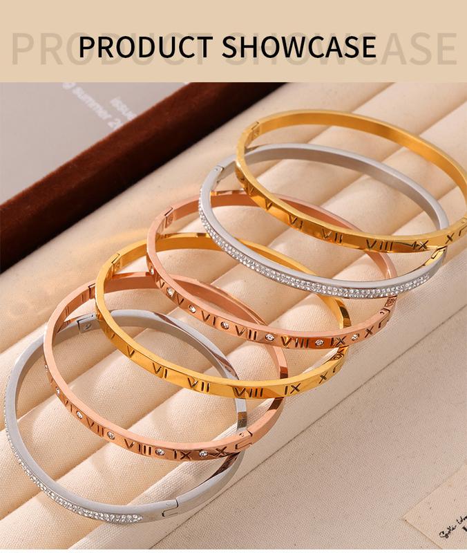 Product Introduction of Vintage niche personality unique simple jewelry carving Roman numeral design diamond titanium steel gold-plated bracelet 4