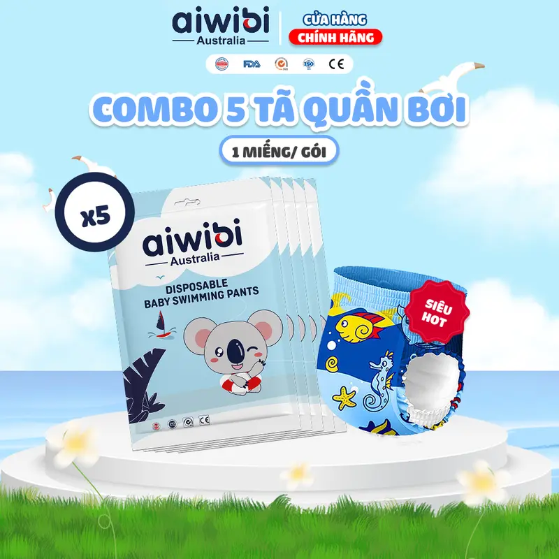 [Combo 5] Miếng Tã/ Bỉm Quần Bơi Cao Cấp Aiwibi Cho Bé 0