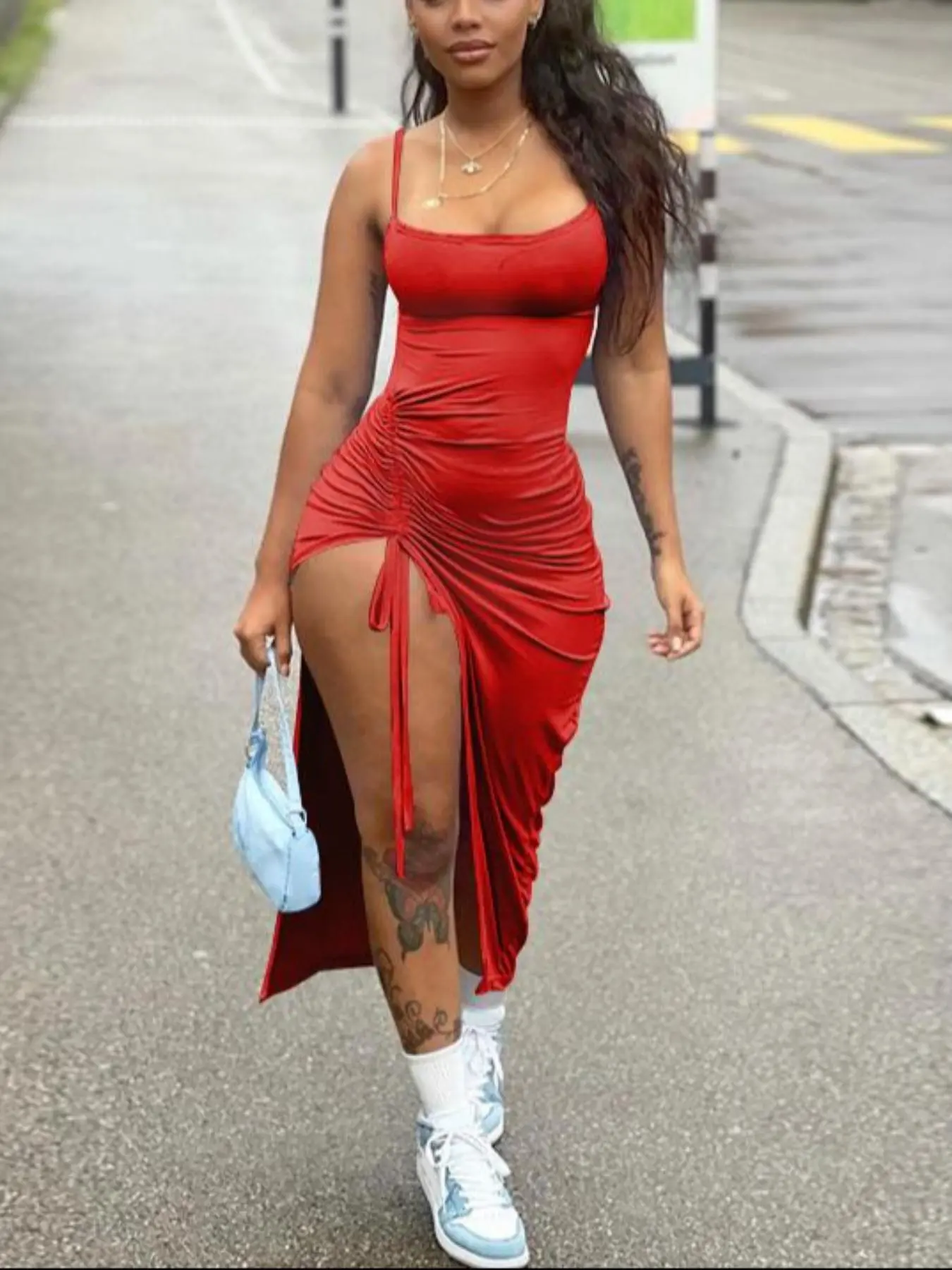 Women's Plain Ruched Drawstring Cami Dress, Elegant Sleeveless Spaghetti Strap Long Dress for Party Club Dating Wear, Ladies Summer Clothes