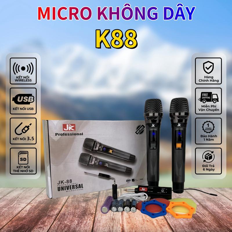 Xưởng bán trực tiếp K88 MICRO KHÔNG DÂY Mic Hát Karaoke Pin MICRO sài pin 2A ,BỘ THU SÓNG PIN Sạc Không Dây Dùng Mọi Loa Kéo Âm Ly, Đầu Mic Bằng nhựa giả Thép Cao Cấp, Bảo Hành 12 Tháng
