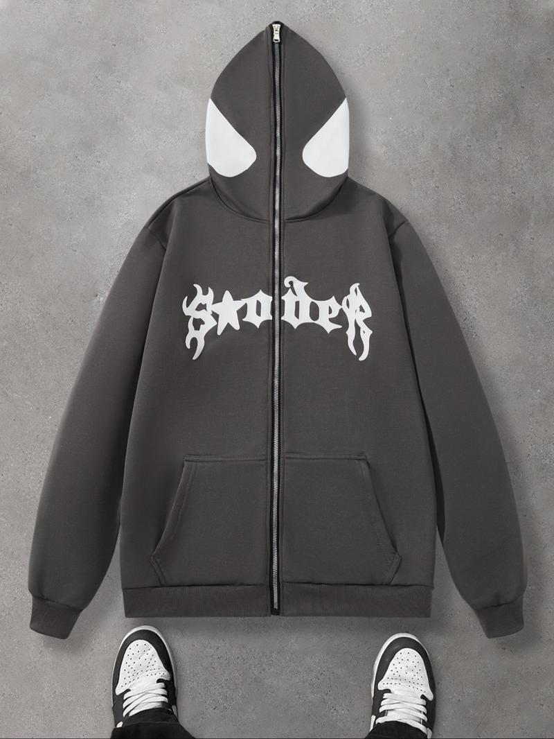 Product Introduction of Men's Cartoon Spider & Letter Print Zip Up Hoodie, Regular Fit Casual Street Long Sleeve Hooded Sweatshirt for Daily Wear, Men's Clothes for All Seasons 6