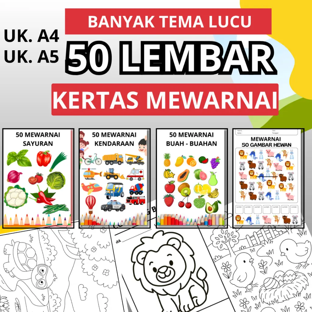 Isi 50 Lembar Buku Mewarnai Lembar Kertas Mewarnai Anak TK SD PAUD / Buku Mewarnai Anak Umur 2 3 4 tahun TK Seri Hewan Sayuran Buah-Buahan Dan Kendaraan Dan Pemandangan