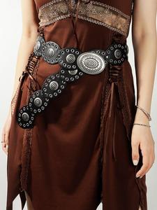Cinturón de piel de poliuretano con patrón étnico para mujer, cinturón ancho con decoración metálica a la moda para jeans, cinturón casual para decoración de ropa diaria, cinturón exquisito y moderno para regalo
