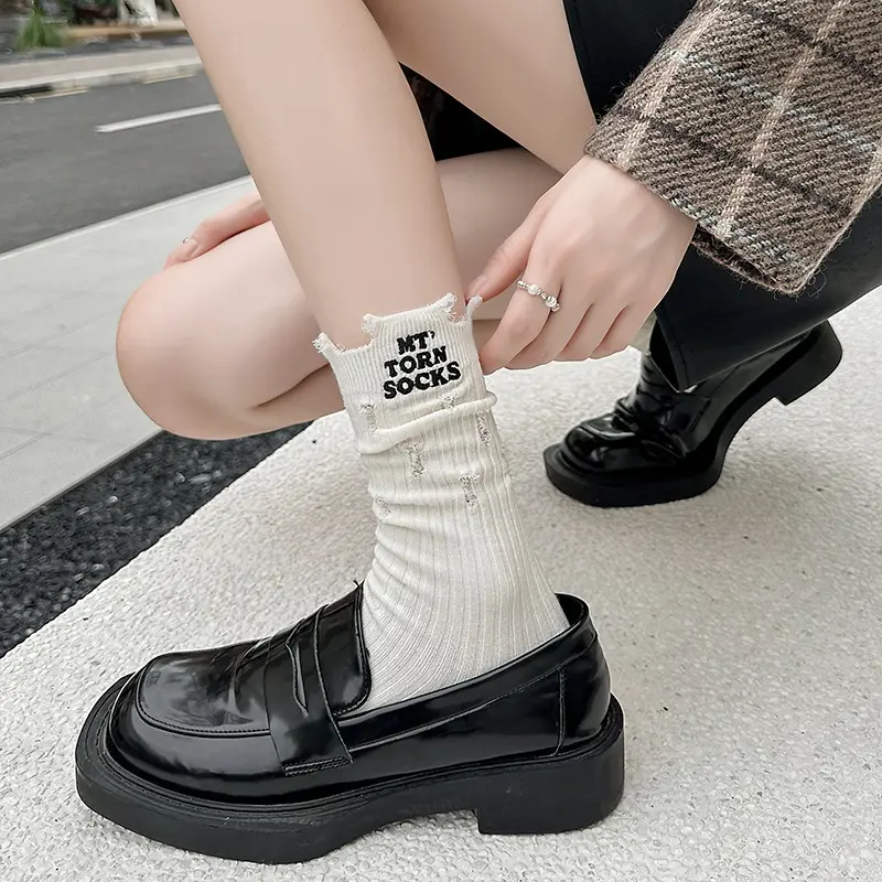 Tất Thêu, Phong Cách Đường Phố Hợp Xu hướng Phong Cách Hàn Quốc, Chất Liệu Cotton Nguyên Chất, Ống Giữa, Dành Cho Nữ, Có Lỗ Women 1