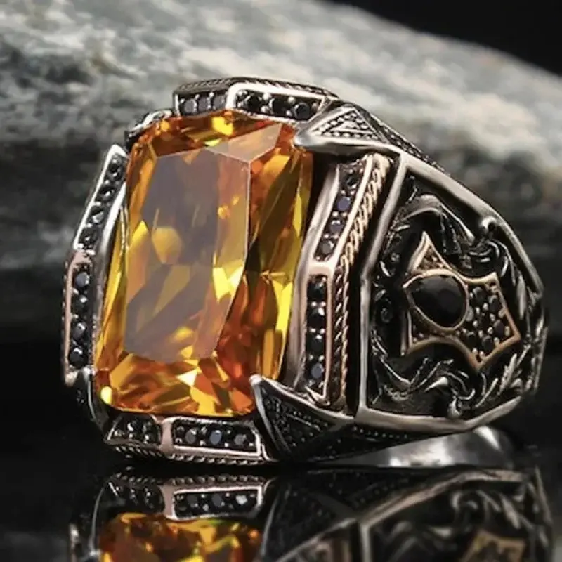 1PC Classic Retro Rainbow Men Rings Silver Color Carving Pattern Signet Steampunk Rings for Men Birhday Gift Party Gothic Jewelry