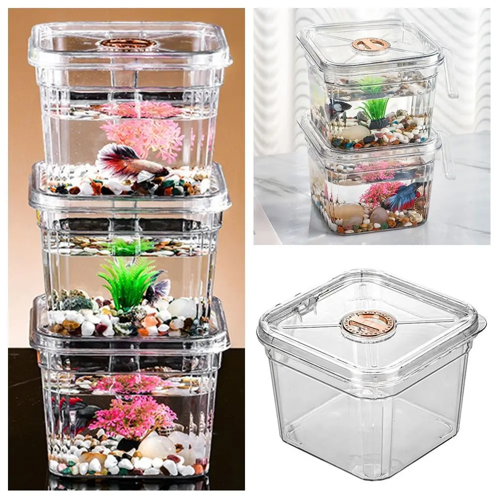 Creative Square Fish Tank With Lid Plastic Goldfish Tank Fighting Fish Cylinder Transparent Breeding Box Home Office