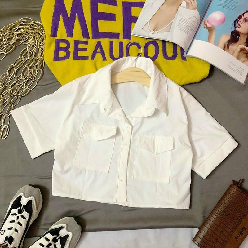 sơ mi trơn túi hộp cho phái nữ Top Áo women phôm ngắn có thể giặc máy phong cách hàn quốc có cúc áo cánh &áo sơ mi