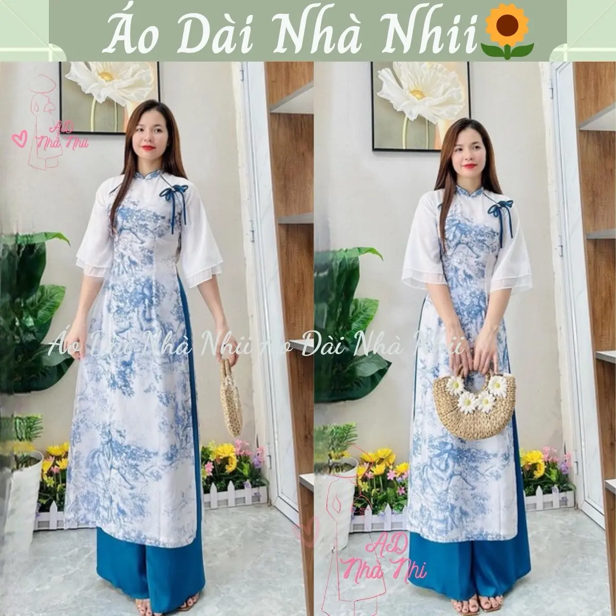 Áo Dài Xanh 4 Tà Tay Cánh Tiên