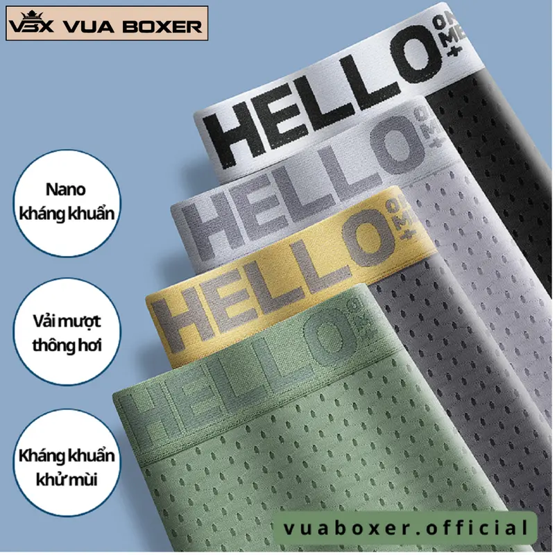 Sét 4 quần sịp nam thun lạnh thông hơi nano kháng khẩng 3A Hello-01 Vua Boxer Menswear Quần Boxer Quần Lót quầnlót