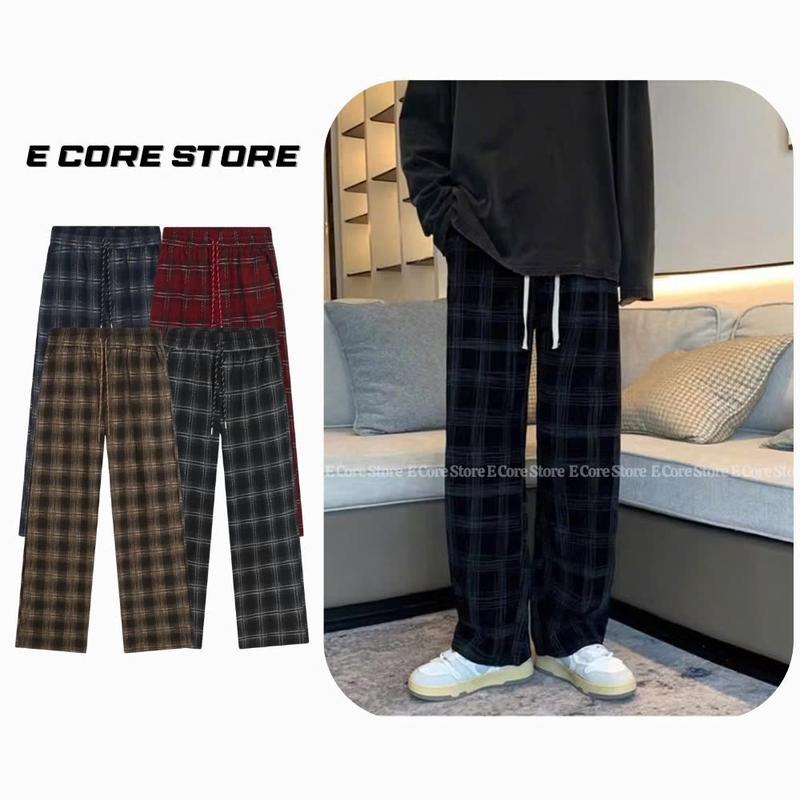 Quần kẻ caro , quần kẻ caro ống rộng cạp chun lưng cao vải dạ dày dặn ống suông dài 100cm Ong Nam Menswear Pants