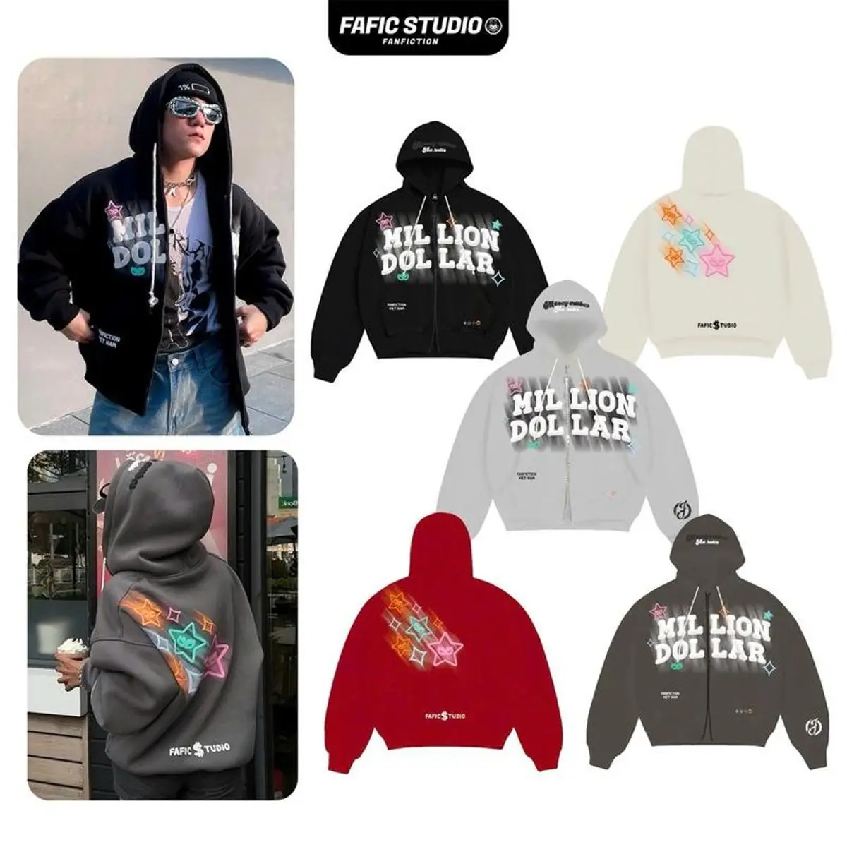 Áo khoác nỉ bông In nỗi Boxy Millon D0llar khoác Jacket FAFIC studio nỉ bông khóa 2 chiều Nam Menswear - Hoodie, Tay Dài