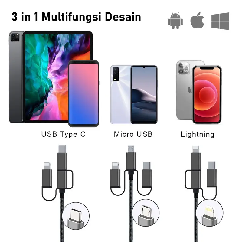Kabel HDMI ke Type C USB/Micro/Lightning Converter 3in1 2 Meter Bisa Semua HP PX MHA-130 6