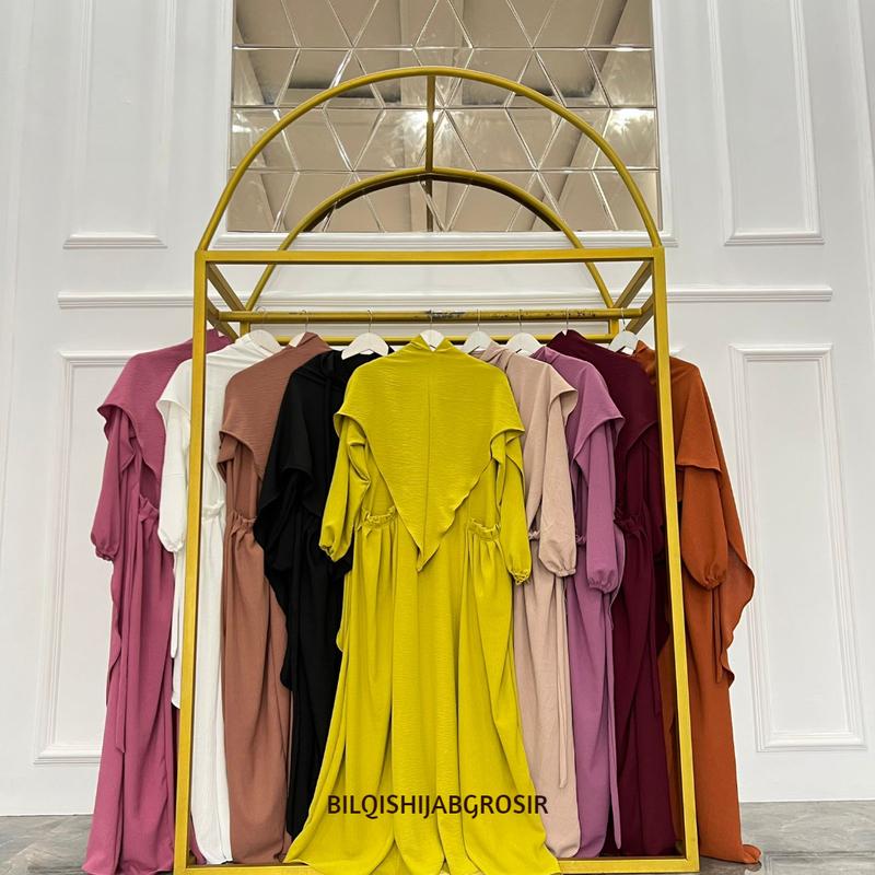Gamis Zahra Set Bergo Syar'i Dress Wanita Muslim Bahan Crinkle Airflow Panjang Balon Dewasa Lebaran Elegant Brown  Syari Mewah 1