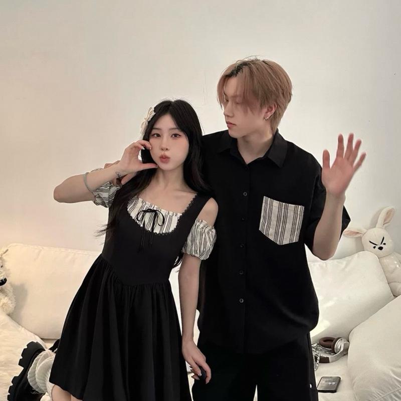 (giá mở bán-bigsize nữ 90kg nam max 100kg) Đen phối sọc dễ thương cho cặp đôi DESTINY COUPLE 3