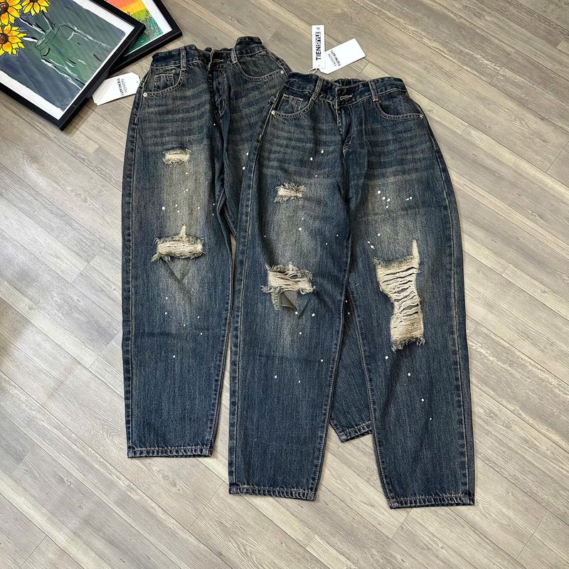 Quần Jean Baggy TIENSTYLE Nữ Rách Gối Vẩy Sơn Lưng Chun Chất Demin Mềm Có Bigsize 80kg Size S-5XL Xuất Xứ Việt Nam
