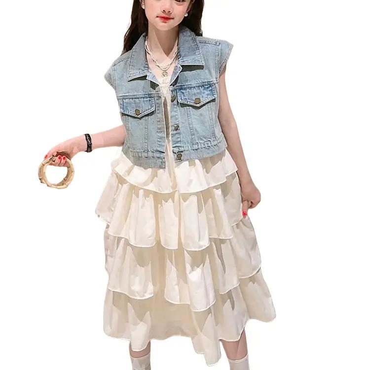 (Tầng2) Set Váy Đầm 2 Dây Xếp Tầng Kèm Áo Khoác Jean Cho Bé 15kg-50kg Váy Cho 10-14 Tuổi Màu Trắng Đen Size 10-45kg Hottrend