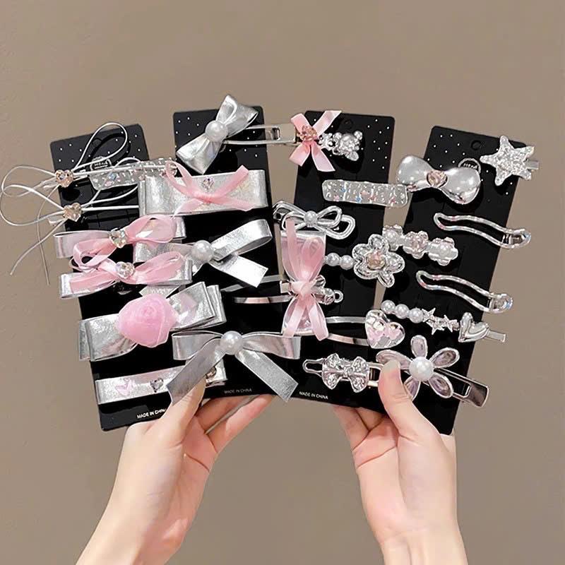 Bộ Kẹp Tóc Mái Inox Màu Bạc Phối Nơ Phong Cách Tiểu Thư Cho Bạn Gái, Kẹp Tóc Mái Xinh Xắn Nhiều Kiểu Cho Nữ