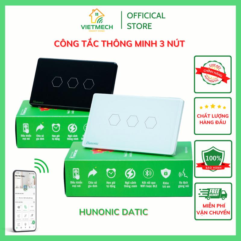 [3 nút] Công tắc cảm ứng Wifi Hunonic Datic 3 nút thế hệ mới | Điều khiển đèn từ xa qua điện thoại, hẹn giờ bật tắt đèn tự động, thay thế công tắc cơ truyền thống