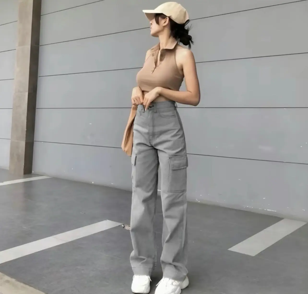 【FREE BELT】 BOSENOM cargo wanita jins jeans highwaist pinggang - cargo pants korean style- premium kargo panjang warna hitam army Santai Hitam  Tebal Loose Denim Baggy Karet