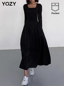 YOZY Women's Plain Square Neck A Line Dress, Casual Long Sleeve Long Dress for Spring & Fall, Women's Clothing for Daily Wear