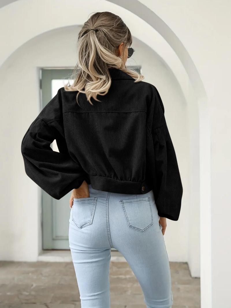 Product Introduction of Women's Plain Pocket Button Front Lantern Sleeve Ruched Jacket, Coats for School, Casual Drop Shoulder Long Sleeve Collar Outerwear for Daily Wear, Jackets for Women, Ladies Clothes, Back To School Clothes, Gen Z Corporate Outfit,  Winter Coats 2024 13