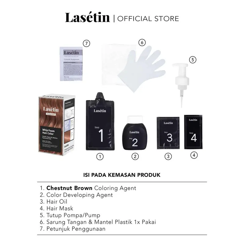 Lasetin Whip Foam Hair Color Chestnut Brown - Pewarna rambut permanen yang menutrisi rambut tetap lembut dan berkilau 4