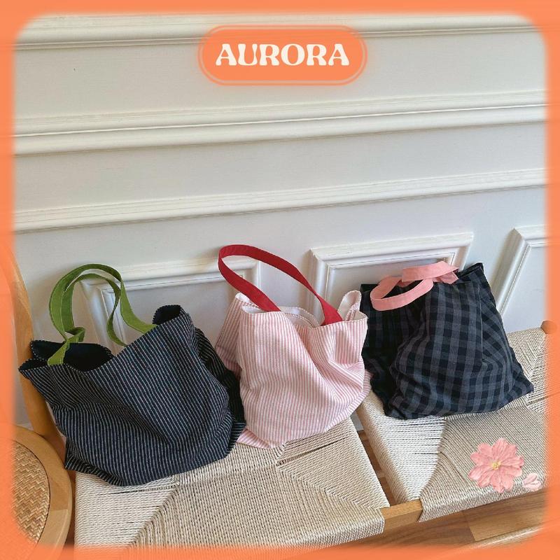 Túi tote vải canvas hai lớp caro, kẻ sọc Bag Nữ hàn quốc có thể mở rộng