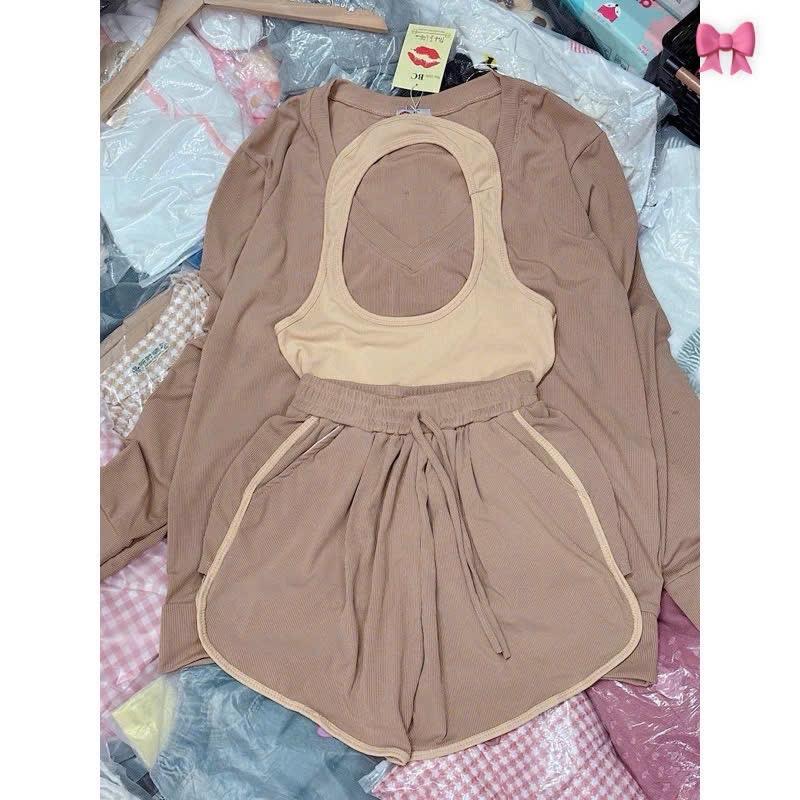Sét bộ 3 món áo tay dài quần đùi chính chủ hình thật dưới 60kg Nữ Women Top Thun Tre Nhung 6