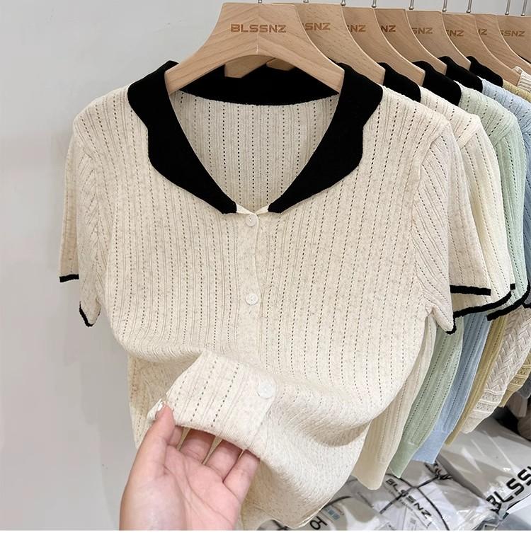 Product Introduction of Áo Cardigan Dệt Kim, ngắn Tay, Chất Liệu Lụa Ngầu Dành Cho Nữ, Mỏng Và Mùa Hè, Màu Sắc Tương Phản, Thiết Kế Độc Đáo Với Thiết Kế Áo Polo Rỗng Áo Cánh Nữ Hàng Đầu 14