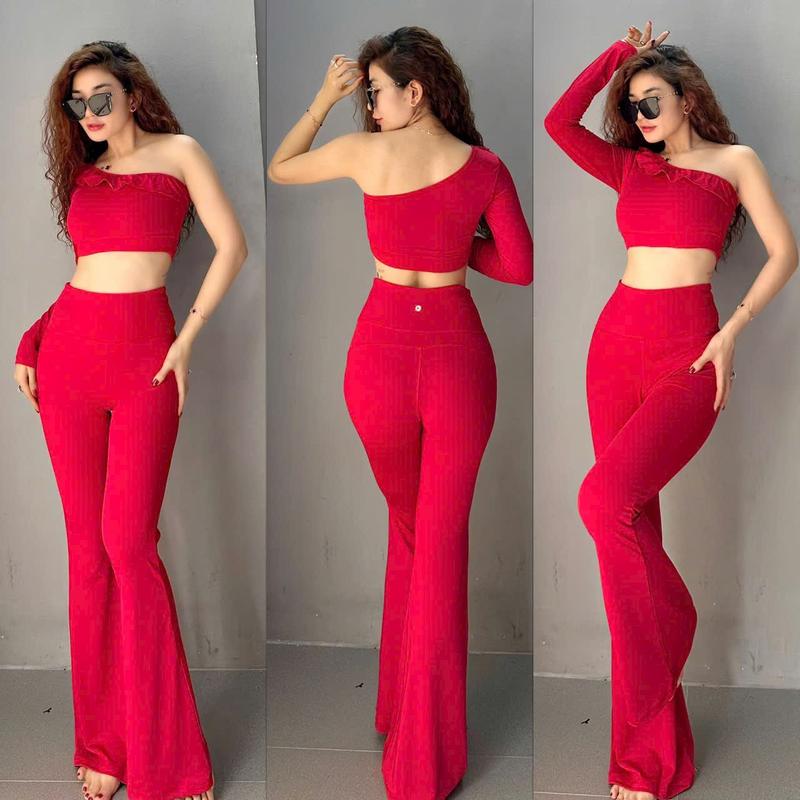 Bộ Đồ Thể Thao Nữ, Quần Ống Loe Tôn Dáng, Áo Croptop Dài Tay Lệch Vai Bèo Tập Yoga, Múa, Gym Chất Thun Dày Dặn Đẹp