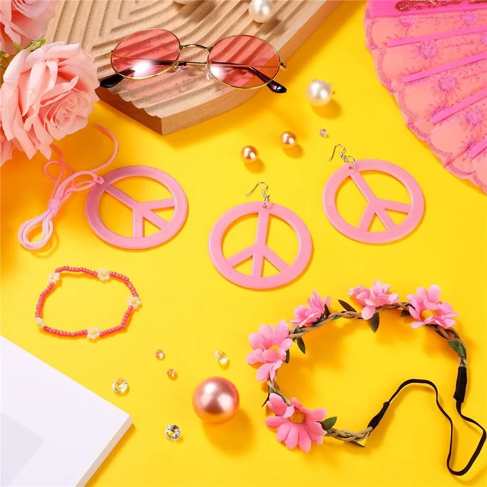 6 Pcs 60's 70s Style Women's Hippie Costume Set Boho Peace Sign Hippie Costume Accessories Set Round Glasses for Groovy Party Girls