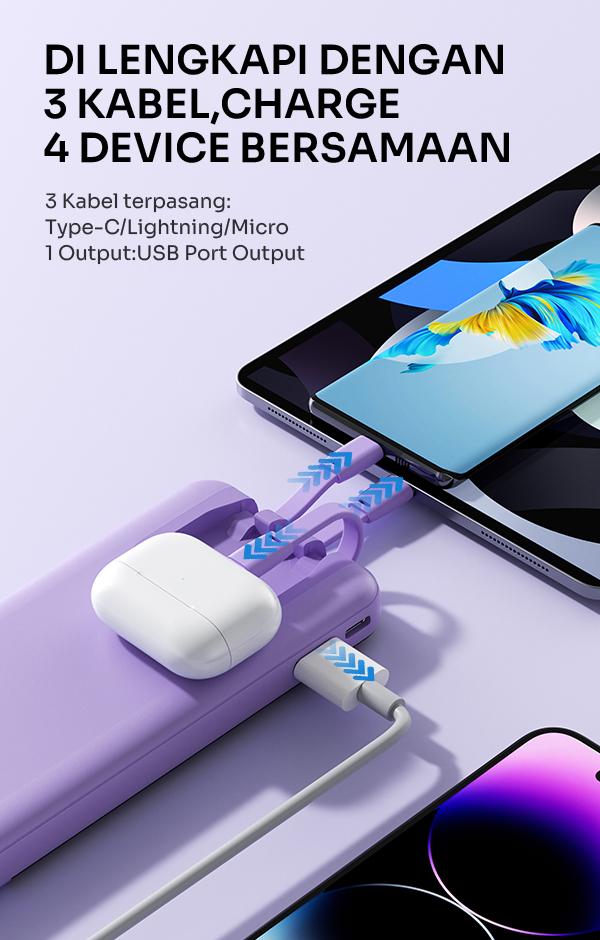 Powerbank ROBOT 10000mAH RP-101L New 2.1A Dengan 3 Kabel  Charger Type C Lightning Micro [BISA COD] Smart Baterai