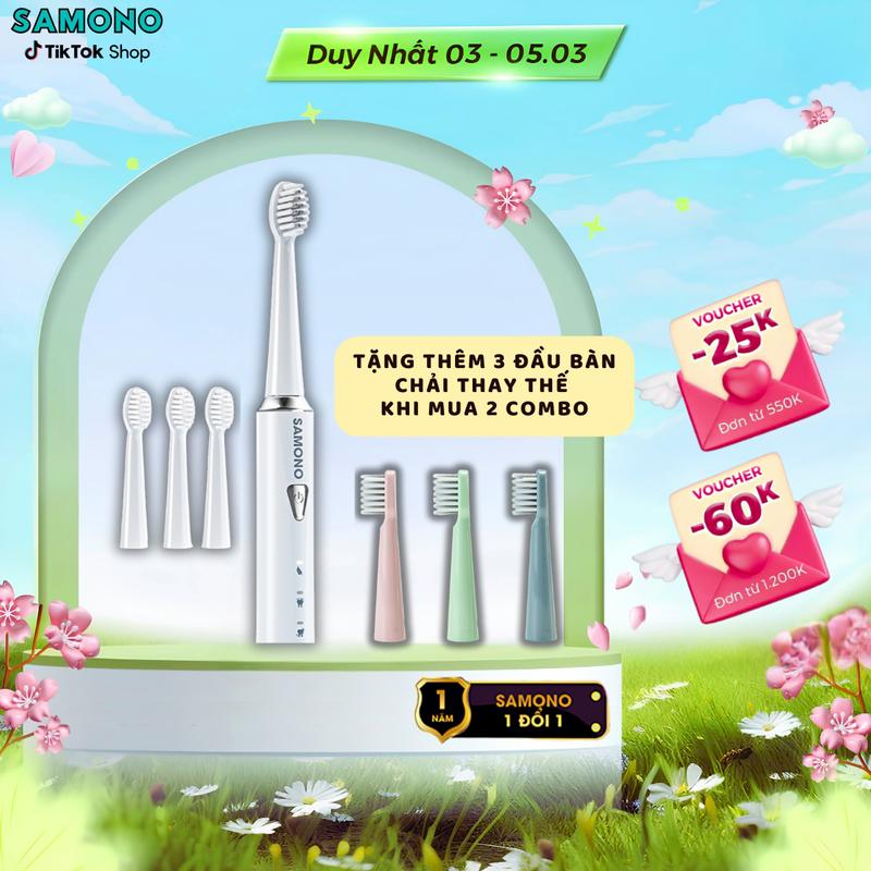 (BH 1 Năm)Samono Bàn chải răng điện 5 chế độ đánh răng dành cho Nam/ Nữ,  4 đầu bàn chải thay thế mềm mại, đánh tẳng tốt SW-ET01, người lớn và răng bé đều sử dụng được bàn  chải